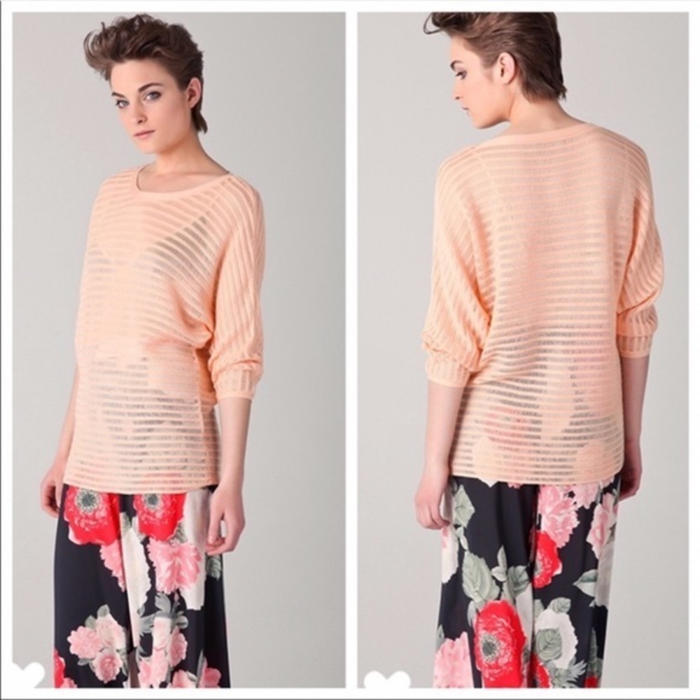 Alice + Olivia Dolman Sleeve Illusion Coral Striped orange open knit Sweater
